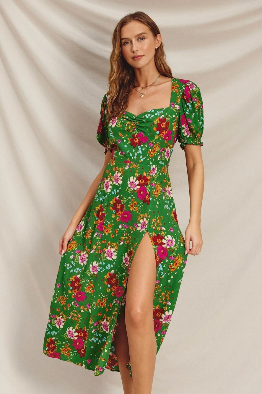 Dress Forum Green Floral Puff Sleeve Midi Dress Sweetheart Slit Size Medium